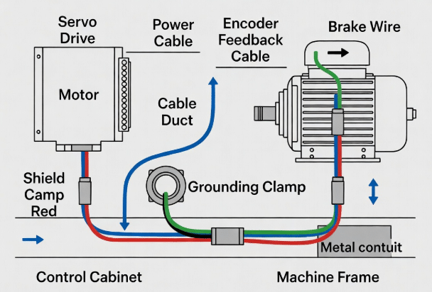 Technical diagram of servo motor cable routing from drive to motor highlighting power cable, encoder feedback, brake conductors, shield grounding, and machine frame protection