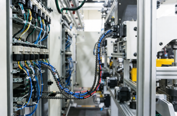 Professional view of high-flex servo cables routing from control cabinet to servo motors on CNC or packaging machinery, illustrating voltage, shielding, and motion profile considerations in real automation setup
