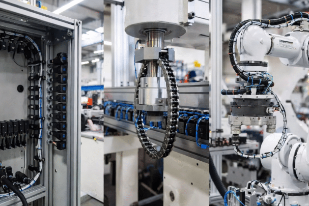 Three-panel industrial view comparing static servo cable routing in control cabinet, continuous-flex cable in drag chain on CNC axis, and torsion-rated servo cable on robot arm dress pack