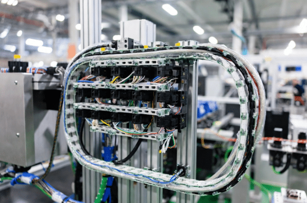 Servo power and feedback cables routed in energy chain on machine frame showing strain relief, controlled bends, and separation for dynamic motion