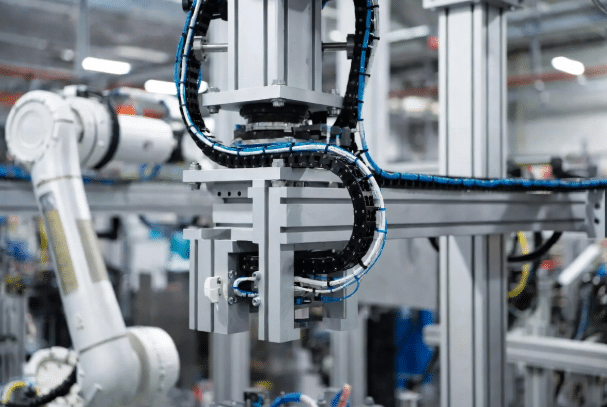Servo cables installed in energy chain on industrial robot showing dynamic flex and torsion movement, key for selecting appropriate bend radius and torsion-rated designs