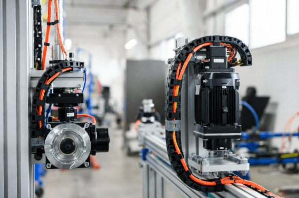 Professional view of high-flex servo cables connected to both rotary servo motor and linear motor forcer on a precision machine, highlighting cable carriers, routing differences, and orange industrial jackets in a clean factory environment
