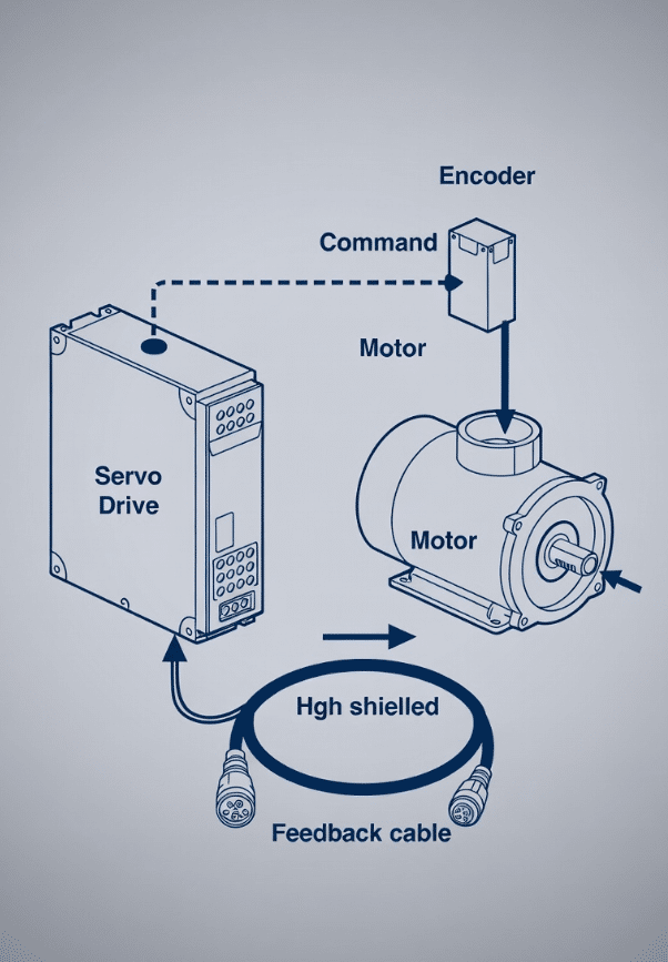 Technical diagram showing servo drive, motor, encoder, and shielded feedback cable in closed-loop control for positioning accuracy and stability