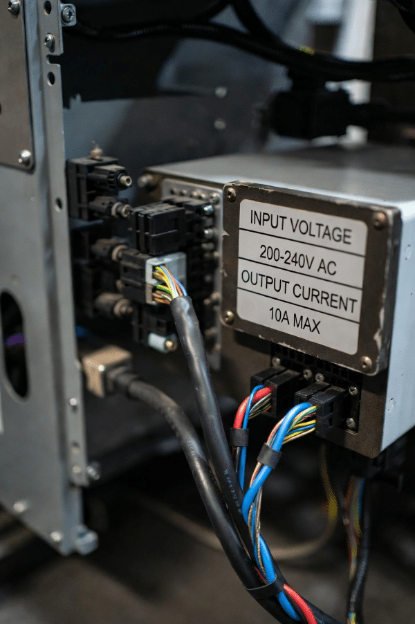 Close-up of servo drive panel labels showing voltage and current ratings alongside connected servo cables, demonstrating proper electrical matching for safe operation