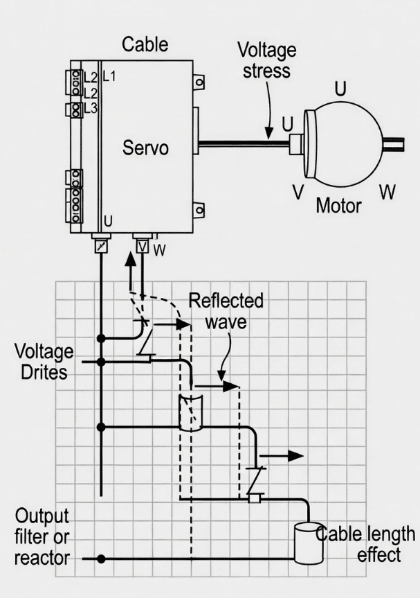 Schematic illustrating servo drive cable length effects on voltage transients and recommended mitigation for reliable performance