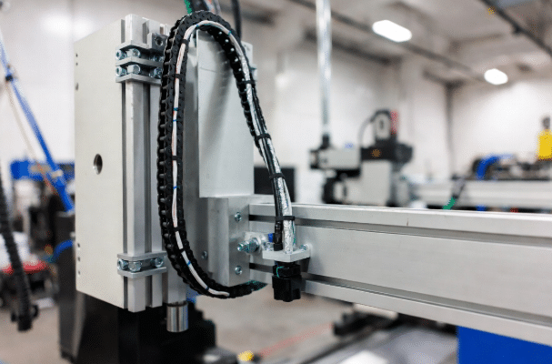 Shielded servo cable properly routed in drag chain with correct bend radius on industrial machine axis, demonstrating mechanical durability for long-term feedback stability