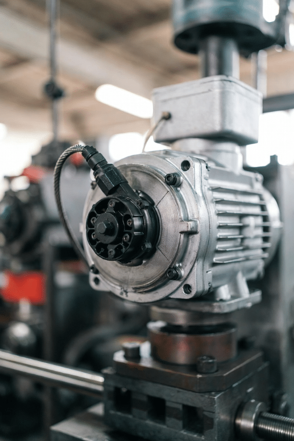 Servo motor with dedicated brake cable connected, mounted on vertical machine axis emphasizing safety and holding function in automation
