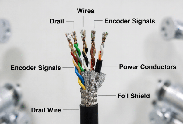 Technical cross-section of high-flex servo motor cable revealing encoder signal twisted pairs, power conductors, drain wires and overall shielding for optimal EMC performance and signal integrity