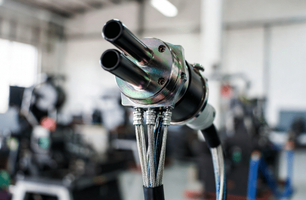 Detailed view of servo motor power connector showing three-phase pins, earth, and integrated brake connections with flexible shielded cable, demonstrating industrial-grade design for high-performance automation
