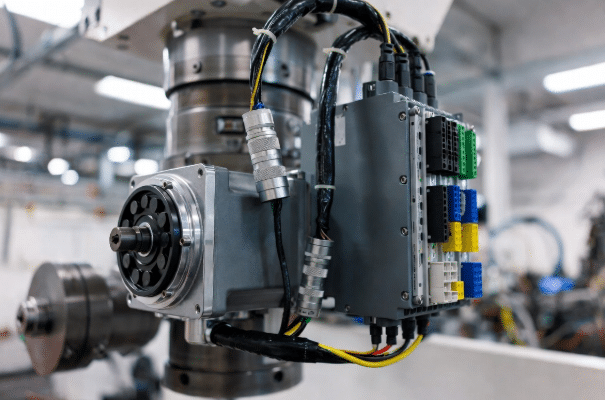 High-quality servo motor, encoder, and shielded feedback cable connected to servo drive in CNC automation system, illustrating the critical feedback path for positioning accuracy