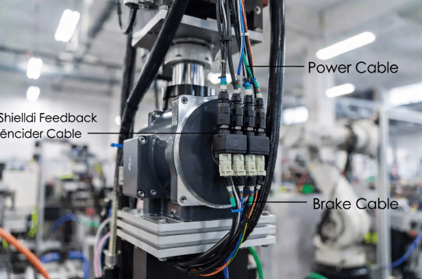 Close-up of servo motor installed on machinery showing clearly connected servo power cable, feedback/encoder cable, and brake cable with labels, demonstrating complete servo cable harness in factory setting