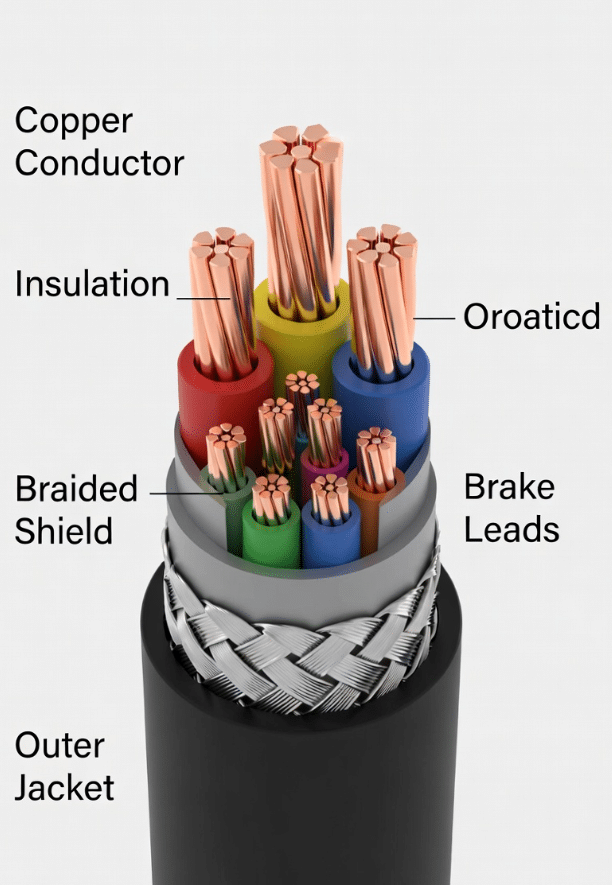 Close-up of servo motor installed on machinery showing clearly connected servo power cable, feedback/encoder cable, and brake cable with labels, demonstrating complete servo cable harness in factory setting