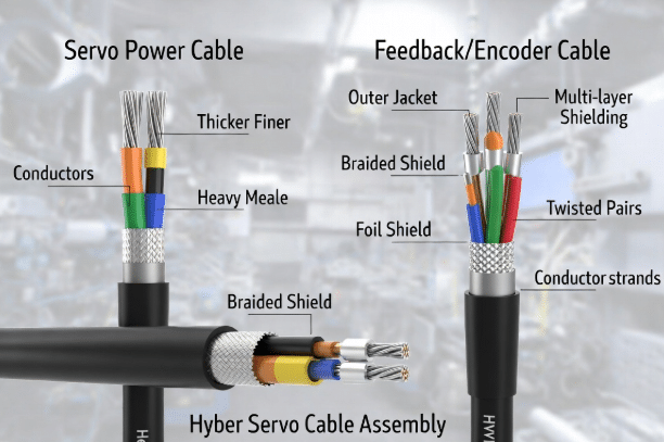 Side-by-side technical view of servo power cable and feedback cable cross-sections highlighting conductors, twisted pairs, multi-layer shielding, and hybrid options for signal integrity in motion control systems