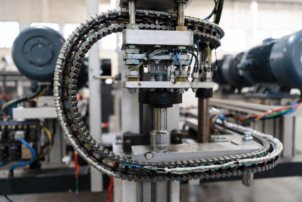 Realistic factory photograph of high-performance shielded drag chain cables installed in energy chain near motors and VFDs, illustrating dynamic motion and EMI shielding in real manufacturing environment