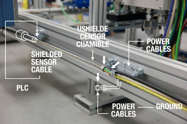 Example of properly routed and shielded sensor cables with correct shield termination, separated from power lines in an industrial control system
