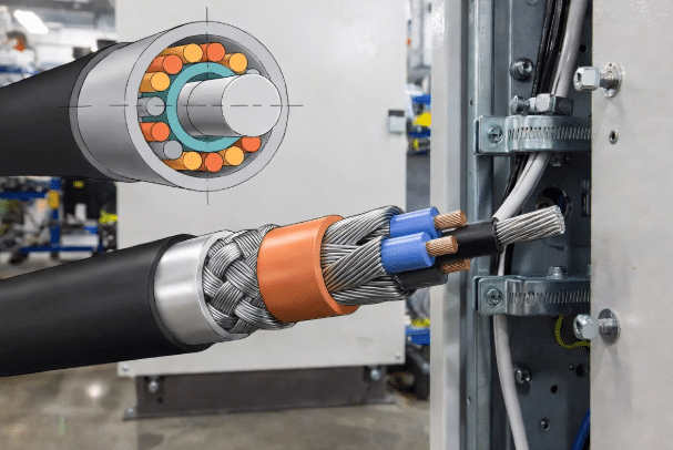 Cross-section and installation view of foil and braid shielded servo cable with proper grounding clamp, highlighting EMI protection for motion control systems