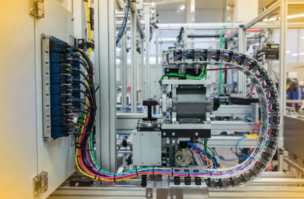 Professional view of servo motor cables routed from drive to motor in cable carrier, illustrating proper installation for managing temperature, voltage, and current limits in servo applications