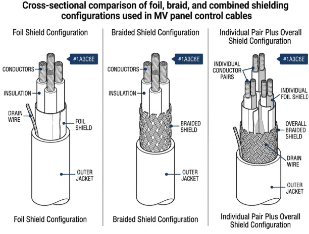 Side-by-side realistic view of shielded sensor cable with foil and braid layers next to unshielded multi-core sensor cable, highlighting construction differences for EMI control in automation