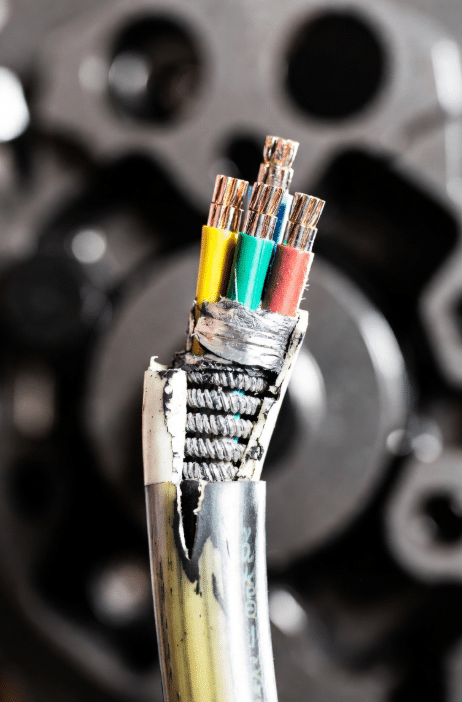 Close-up realistic image of worn industrial sensor cable showing jacket cracks and abrasion damage from vibration and environmental stress in manufacturing plant