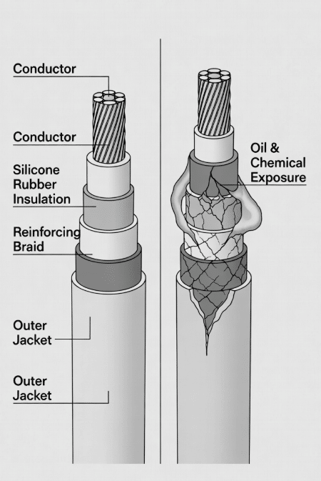 Annotated technical diagram of high temperature silicone cable layers illustrating healthy structure versus swelling, cracking, and softening from oil and chemical exposure for industrial cable selection