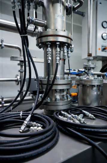 Realistic view of high-temperature silicone cables connected in commercial HVAC unit and autoclave, showcasing clean professional wiring for reliable performance under heat and humidity