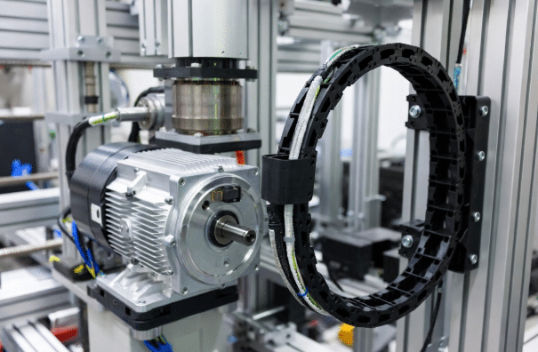 Professional view of servo motor linked to drive by single hybrid cable in industrial automation setup, highlighting simplified wiring through cable carrier for single-cable servo drive architectures