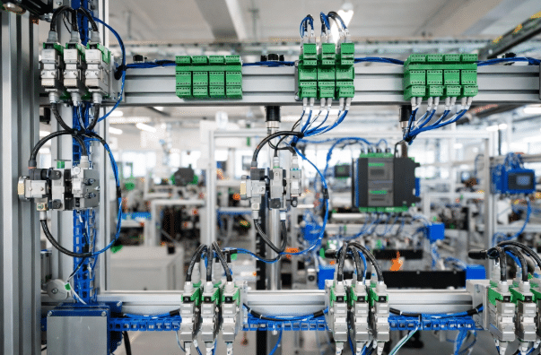 Professional view of sensors and actuators connected via flexible cables to distribution boxes and IO-Link masters with Industrial Ethernet backbone in a modern smart manufacturing facility, showcasing clean cable management for Industry 4.0 upgrades