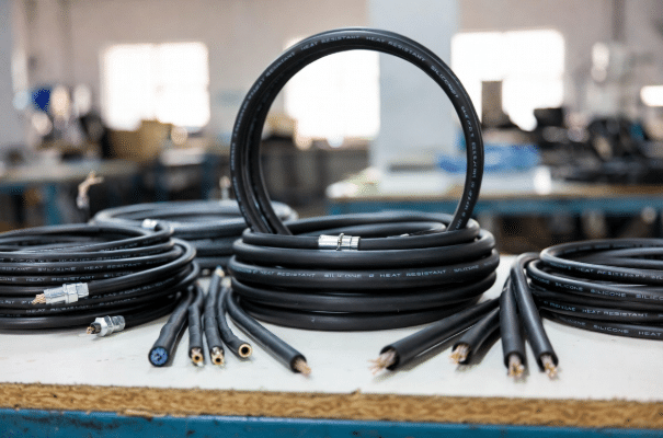 Professional comparison of standard heat-resistant cables and flexible custom high-temperature silicone cables displayed in a modern cable manufacturing facility, highlighting differences in construction and flexibility for industrial applications