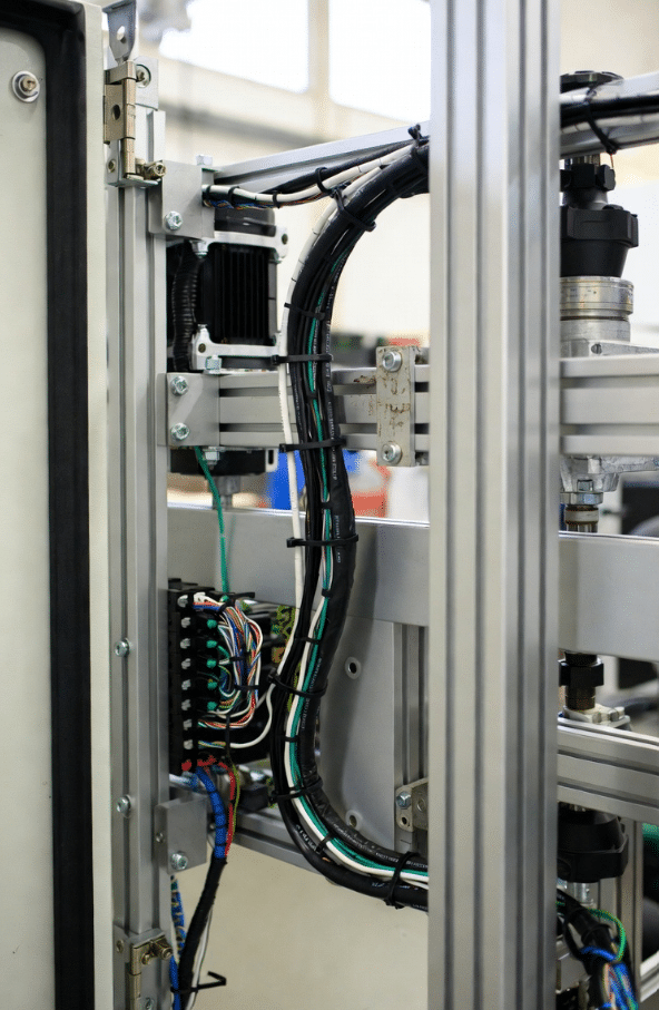 Neatly organized static servo cables installed inside control cabinet and fixed machine frame showing proper routing for non-moving applications