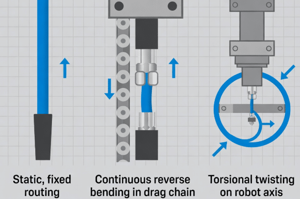 Technical diagram illustrating static fixed routing, continuous reverse bending in cable carrier, and torsional twisting on robot axis for servo cable selection