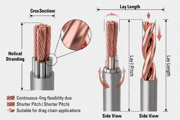 Engineering schematic showing helical stranding pitch and lay length in fine-stranded conductors for continuous-flex cable design in cable carriers, demonstrating flexibility principles
