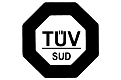 Black octagonal TÜV SÜD certification logo signifying rigorous third-party testing and approval for product safety, quality, and performance by a globally trusted German authority.