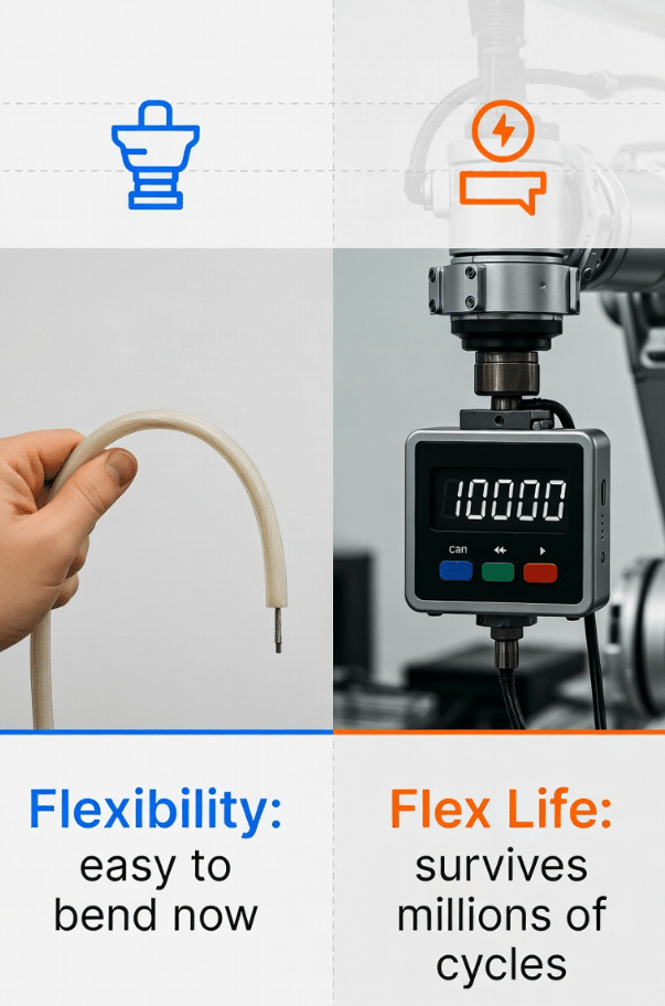 Infographic explaining flexibility (easy to bend now) versus flex life (millions of torsion cycles) for robot cables with clear labels and robotic arm examples