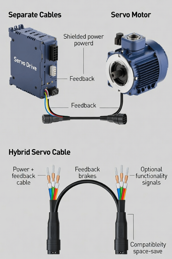 Labeled schematic comparing two-cable servo architecture with separate motor power and encoder cables against hybrid one-cable servo system with integrated power and digital feedback for motion control applications