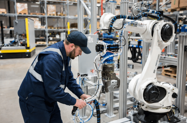 Warehouse technician performing maintenance and visual inspection on custom robotic cables and harness on automation equipment to ensure reliability