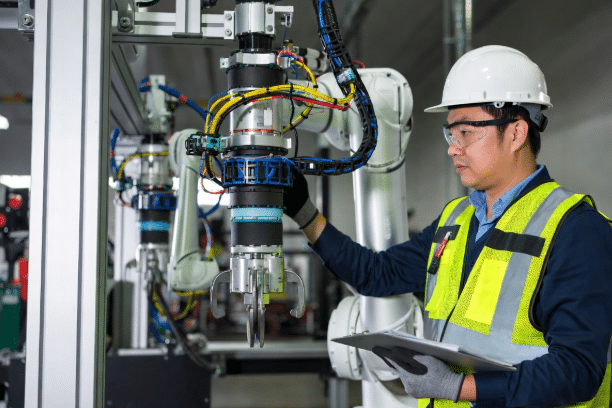Factory technician examining torsion cables on 6-axis robot for wear, proper installation and torsion performance in automation environment