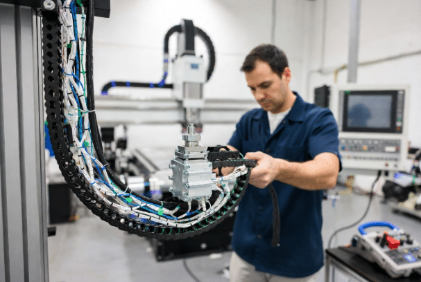 Professional technician examining servo power and feedback cables routed through drag chain in CNC automation system for failure diagnosis and preventive maintenance