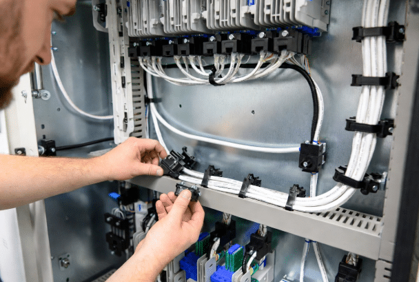 Professional technician routing and securing high-temperature silicone cables with clamps and sleeving inside a tight machinery control panel, demonstrating best practices for mechanical protection and heat management in factory settings