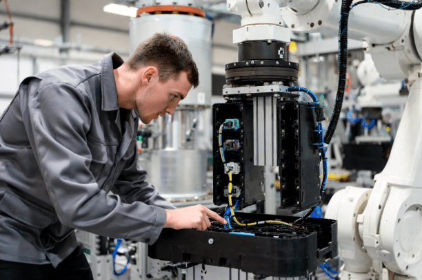 Factory technician inspecting bend radius, routing, and strain relief of actuator cables in cable carrier on robotic arm in automation plant