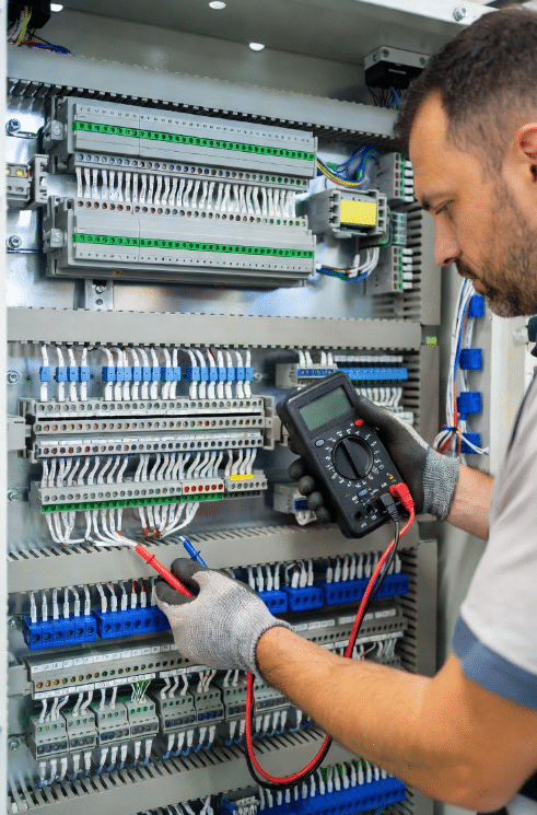 Maintenance technician performing troubleshooting on labeled sensor wiring at terminal blocks inside a well-organized industrial control panel