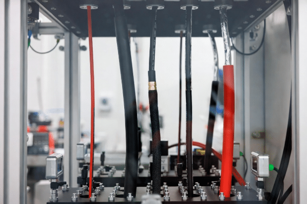 Close-up realistic view of white and colored silicone cable prototypes in an industrial thermal testing chamber, demonstrating temperature cycling and endurance validation for reliable high-heat performance