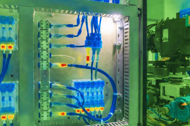 Industrial thermal imaging of servo motor cable connections highlighting quality terminations to avoid localized hot spots and overheating issues