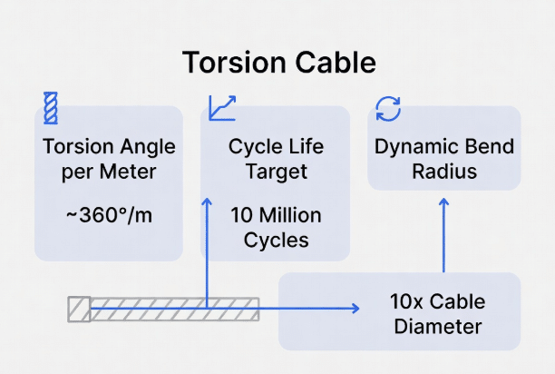 Infographic displaying key parameters for torsion cable RFQ including torsion angle per meter, million cycle targets, and dynamic bend radius for 6-axis robot applications