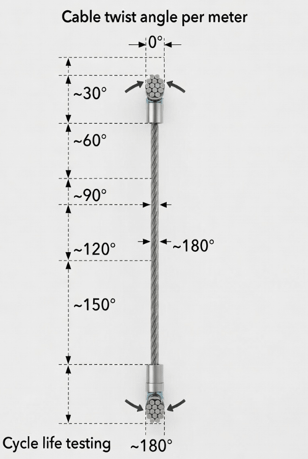Technical diagram explaining torsion angle per metre rating on robot cable with visual twist indicators for wrist joint applications and cycle life reference