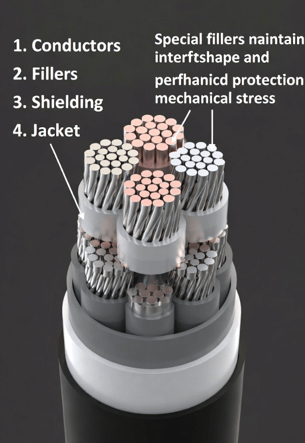 Detailed cross-section of torsion-rated robot cable showing symmetric conductors, fillers, shielding and jacket designed for twisting motion in robotics