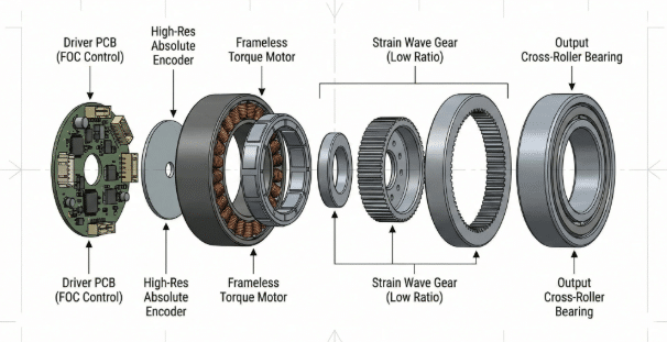 Close-up cross-section view of torsion-rated cable showing specialized stranding, shielding braids, buffer layers, and jacket designed for high torsion angle in 6-axis robots