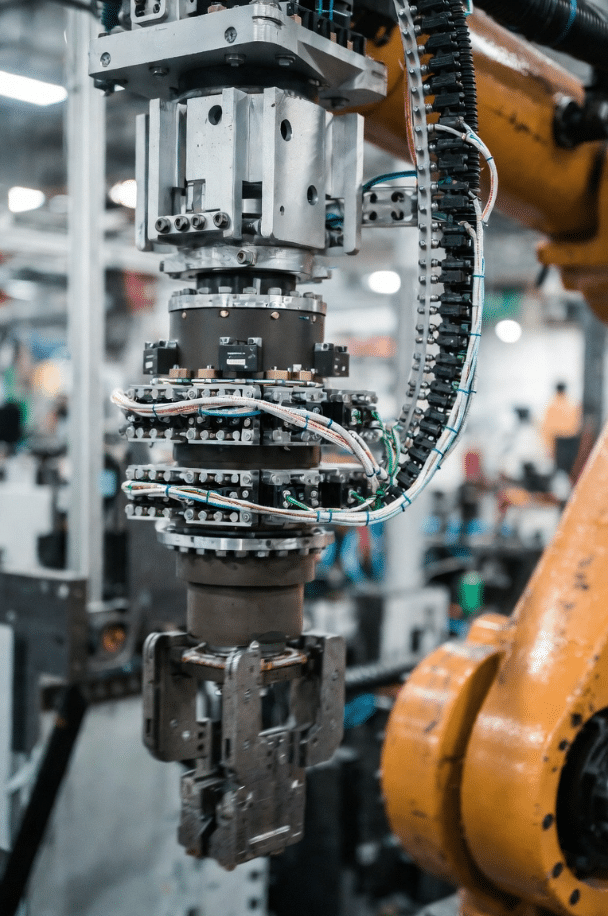 Six-axis robot with torsion servo cables in dress pack showing combined bending and twisting motion with secure strain relief in factory setting