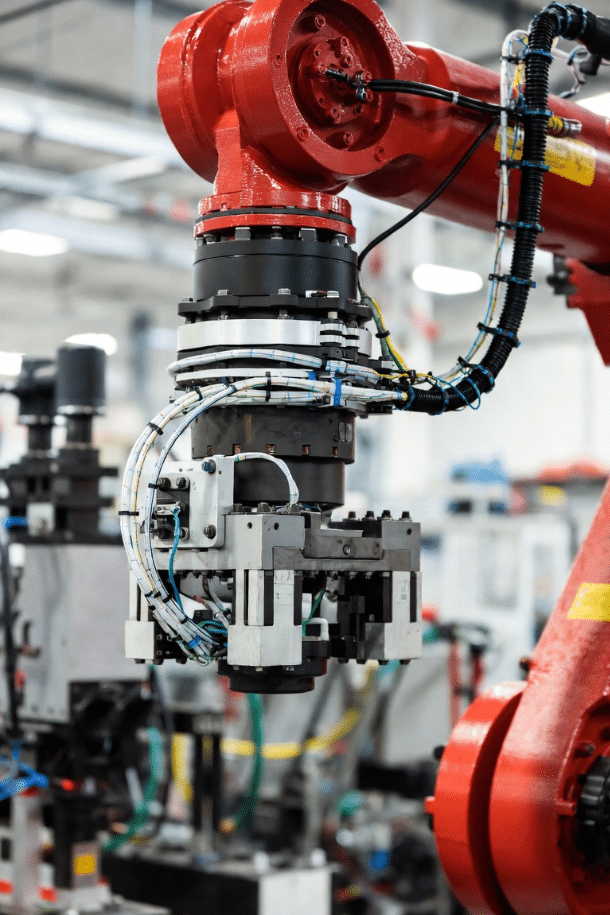 Torsion-resistant cables on industrial robot arm showing twisting capability at joints for 3D motion in automation systems