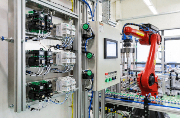 Professional view of factory automation equipment with M8 and M12 connectors on high-flex sensor cables connected to robotic arms and control panels, showcasing clean upgrade from legacy wiring in a modern manufacturing setting