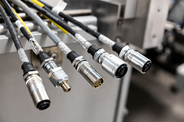 Close-up of high-quality industrial connectors including M12 and circular types terminated on custom flexible cables, showing shielding and precise terminations for reliable automation connections
